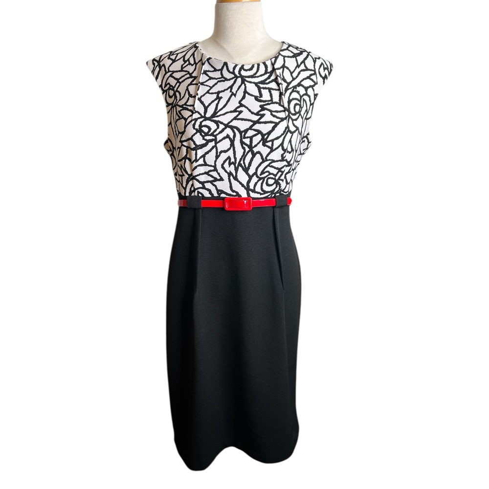 Connected Apparel Black & White Dress with Red Belt